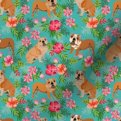 english bulldog hawaiian fabric - dog fabric, hawaiian fabric, tropical fabric, tropical florals, floral fabric - turquoise