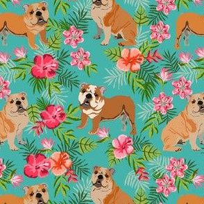 english bulldog hawaiian fabric - dog fabric, hawaiian fabric, tropical fabric, tropical florals, floral fabric - turquoise