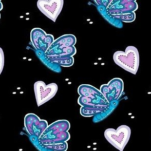 Whimsy of the Flutterby / Butterflies on black w/ Hearts 