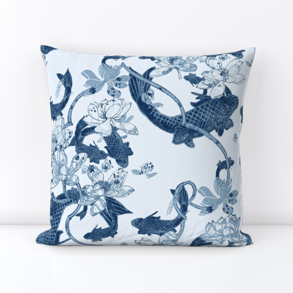 Dark Blue Koi on Light with Lotus