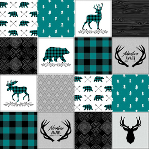 Woodland Quilt Fabric – Baby Nursery Blanket, Peacock, Black + Gray, Adventure Awaits, Antlers Arrows, Style C