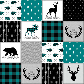 Woodland Cheater Quilt Fabric – Baby Nursery Blanket, Peacock Teal, Black + Gray, Strong Brave, Antlers Arrows, Style D