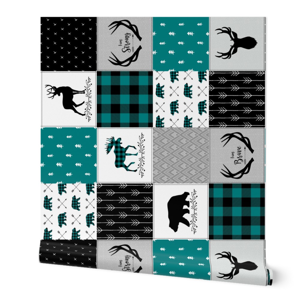 Woodland Cheater Quilt Fabric – Baby Nursery Blanket, Peacock Teal, Black + Gray, Strong Brave, Antlers Arrows, Style D ROTATED