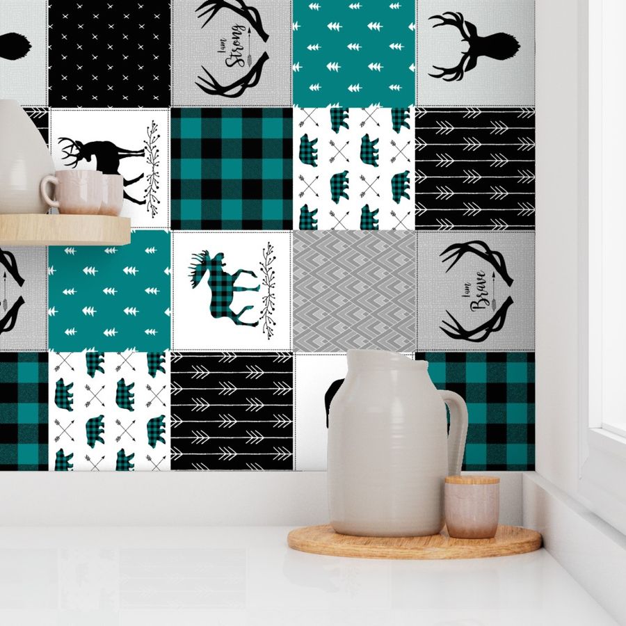 Woodland Cheater Quilt Fabric – Baby Nursery Blanket, Peacock Teal, Black + Gray, Strong Brave, Antlers Arrows, Style D ROTATED