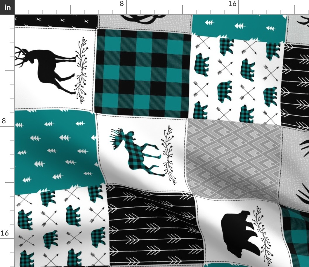 Woodland Cheater Quilt Fabric – Baby Nursery Blanket, Peacock Teal, Black + Gray, Strong Brave, Antlers Arrows, Style D ROTATED