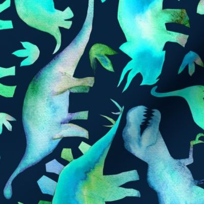 Blue and green dinosaurs - navy background - large scale - rotated left