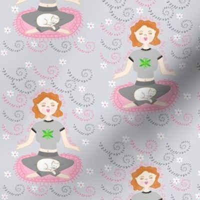 Meditate / Yoga Pants Girl w/ Cat on Gray    