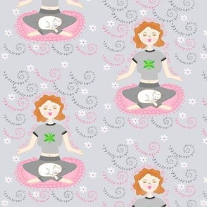 Meditate / Yoga Pants Girl w/ Cat on Gray    