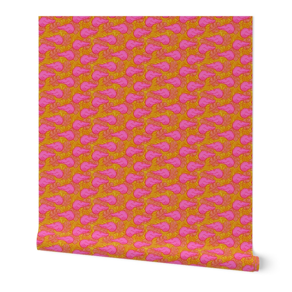 Hot Pink Alligators and Tropical Leaves on Yellow - Medium