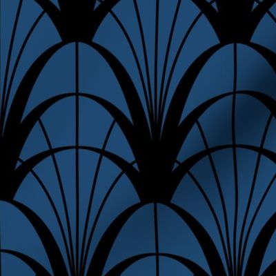 ART DECO FLOWERS CRISP LINES, BLACK ON BLUE 