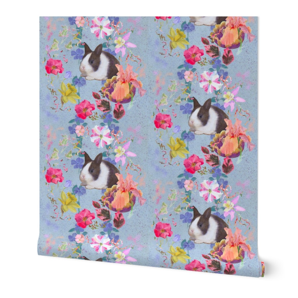 8x8-Inch Half-Drop Repeat of Spring Flowers on Soft-Blue Background with Baby Rabbits