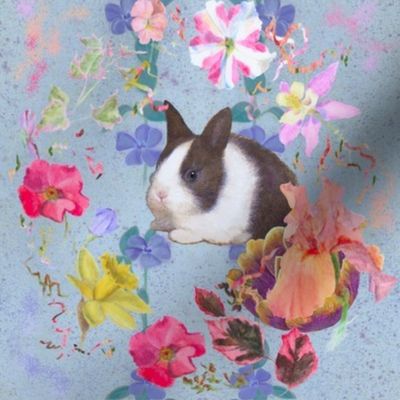 8x8-Inch Half-Drop Repeat of Spring Flowers on Soft-Blue Background with Baby Rabbits