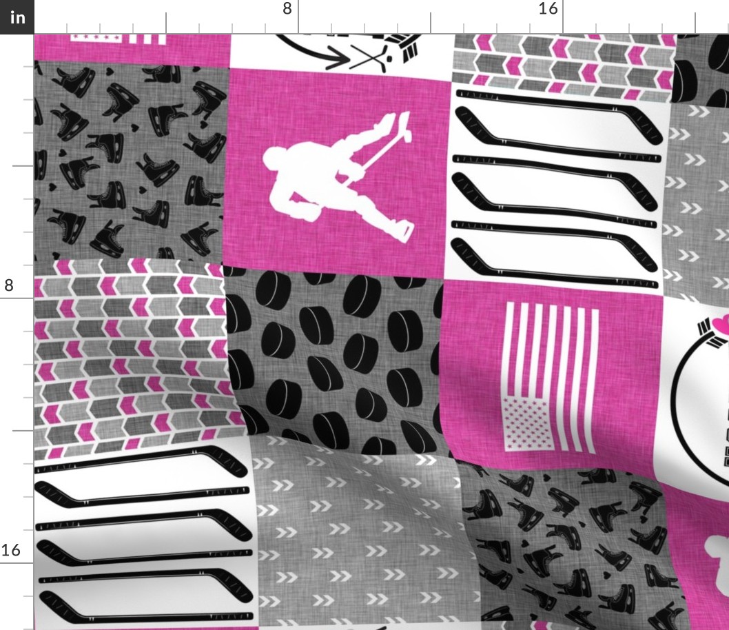 Hockey Mom//USA//Hot Pink - Wholecloth Cheater Quilt - Rotated