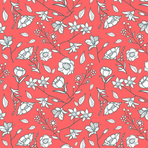 Mimi’s Spring Meadow - White on Coral Pink