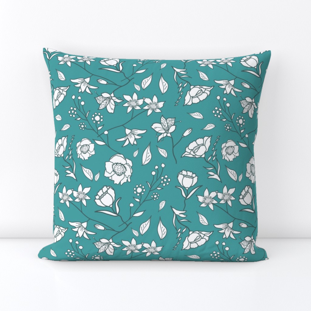 Mimi’s Spring Meadow - White on Teal Green