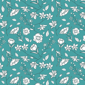 Mimi’s Spring Meadow - White on Teal Green