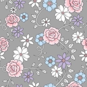 Pastel Flowers on Gray Background - Small Scale