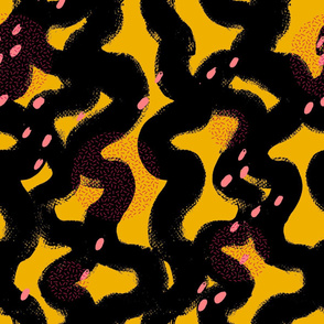 Large Scale Paint Brush Lines in Black and Pink on Mustard