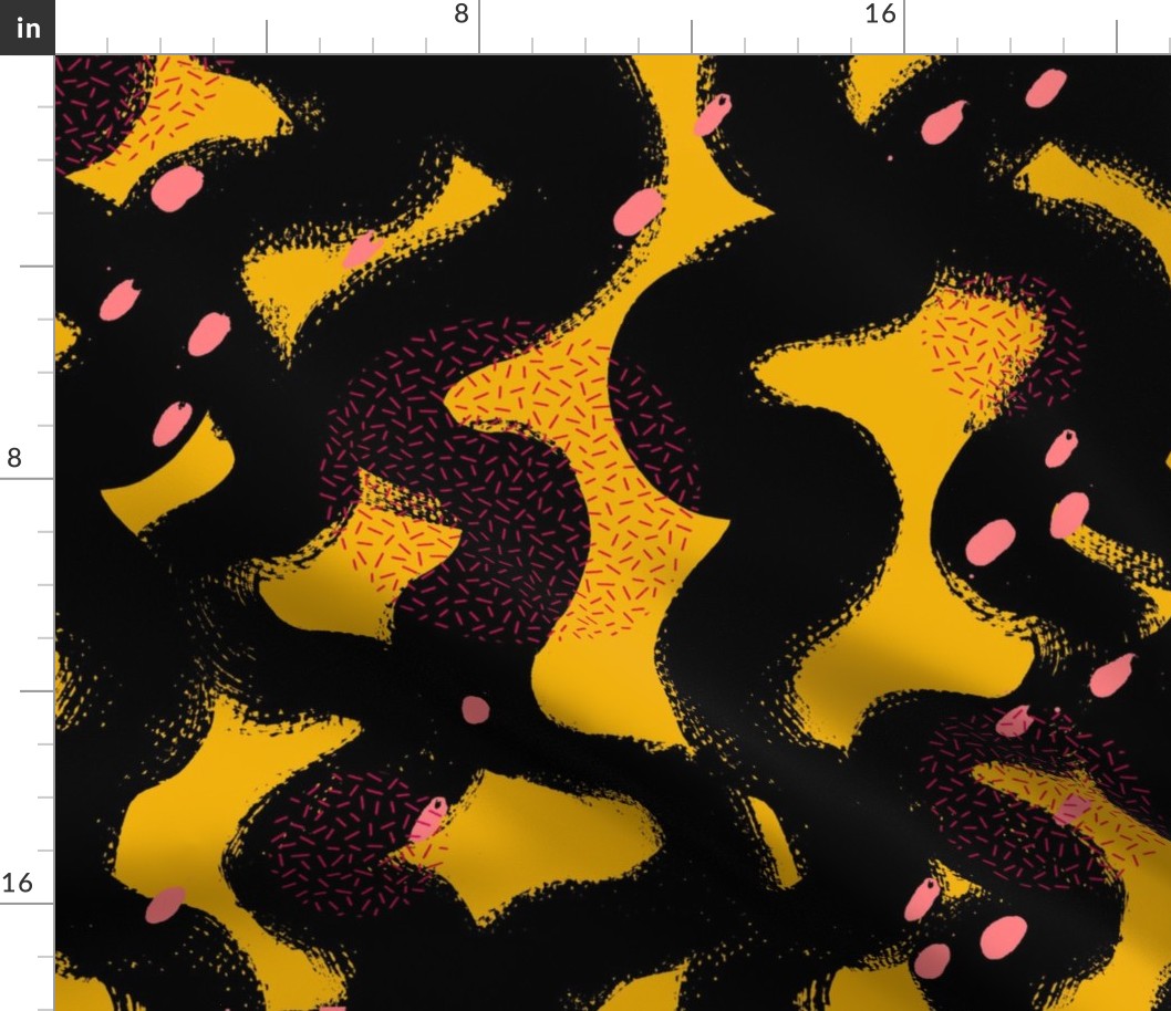 Large Scale Paint Brush Lines in Black and Pink on Mustard