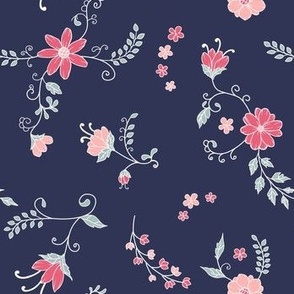 Pink and Red Flowers on Navy Blue - Small Scale
