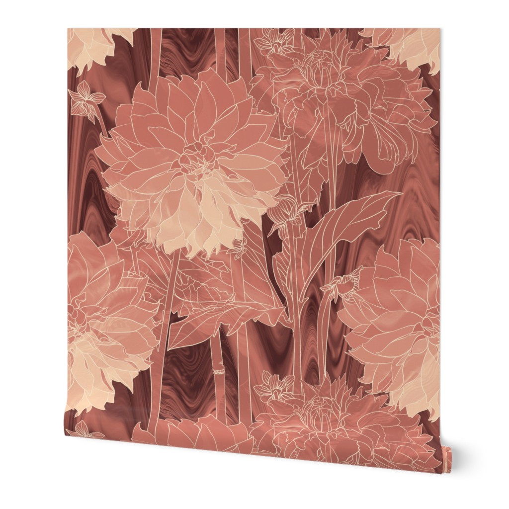 Illustrated Floral Batik - Dreamlike Dahlia - Somber Red