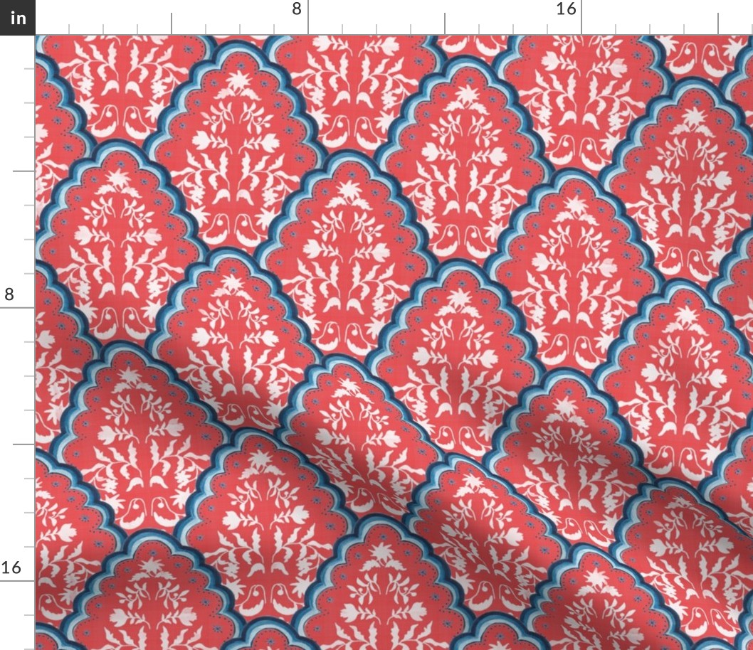 Medium Blue and Red Scallop Paisley 