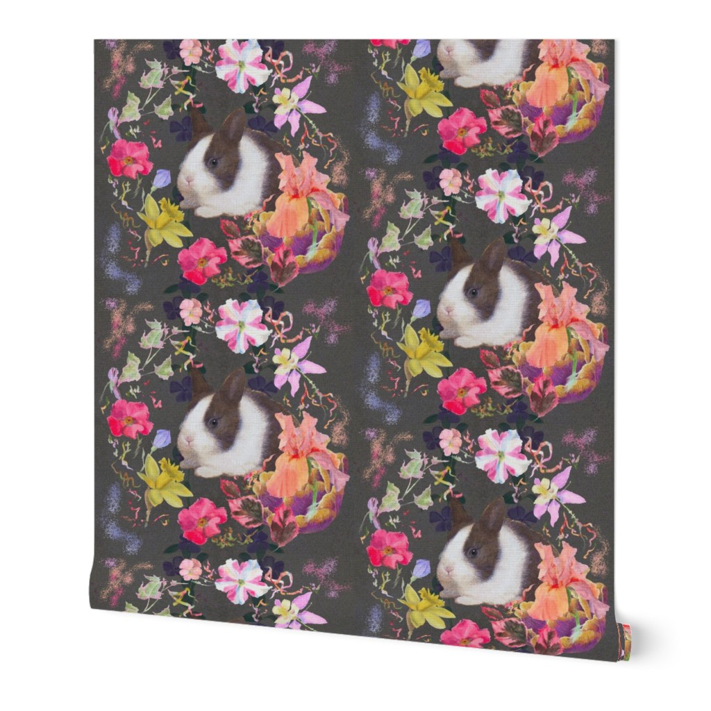 8x8-Inch Half-Drop Repeat of Spring Flowers on Charcoal Background with Baby Rabbits 