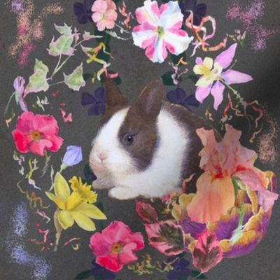 8x8-Inch Half-Drop Repeat of Spring Flowers on Charcoal Background with Baby Rabbits 