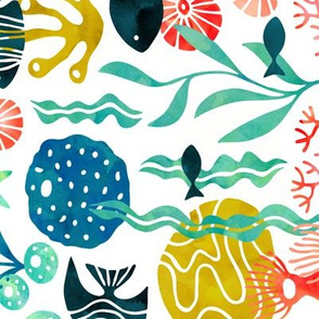 Ocean plants and fish in watercolor rotated (no pink)