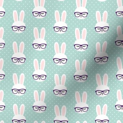 (small scale) bunny with glasses - dark mint polka C20BS