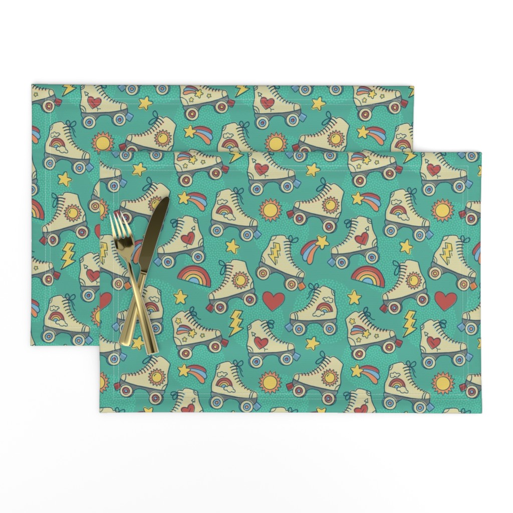 Retro Roller Rink- Green // rollerskating shooting star hearts lightning rainbows whimsical vintage fabric