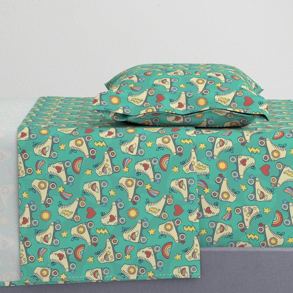 Retro Roller Rink- Green // rollerskating shooting star hearts lightning rainbows whimsical vintage fabric