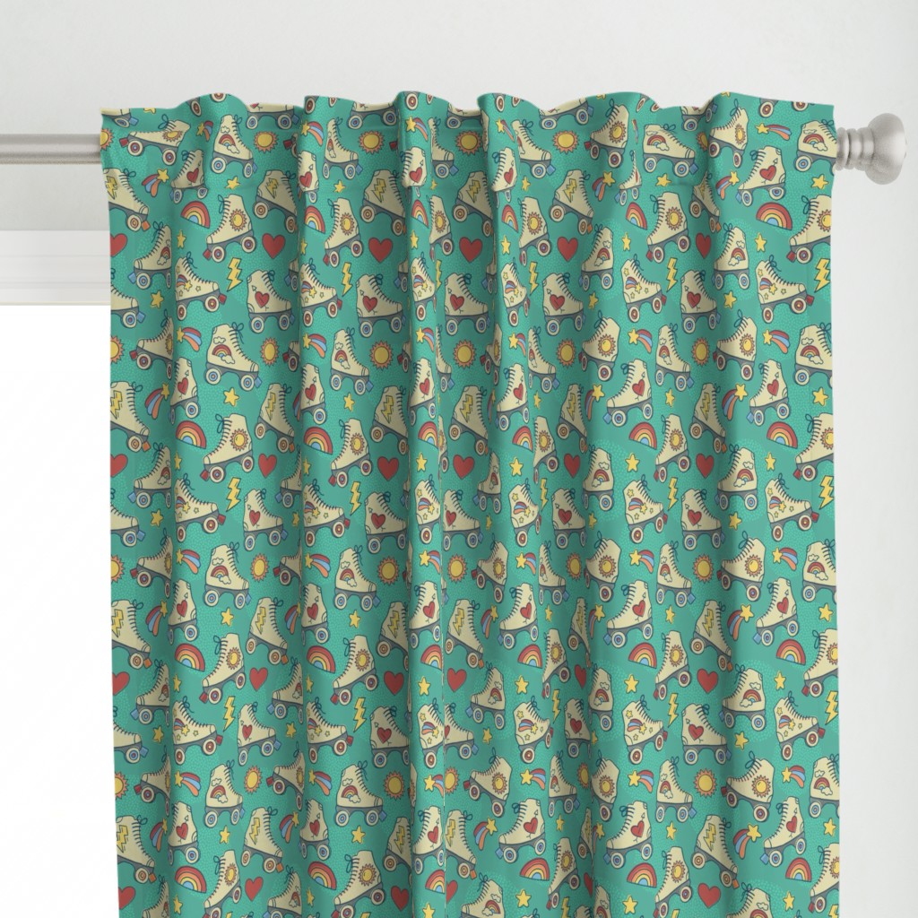 Retro Roller Rink- Green // rollerskating shooting star hearts lightning rainbows whimsical vintage fabric