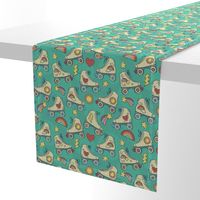 Retro Roller Rink- Green // rollerskating shooting star hearts lightning rainbows whimsical vintage fabric