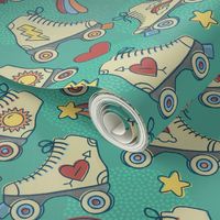 Retro Roller Rink- Green // rollerskating shooting star hearts lightning rainbows whimsical vintage fabric