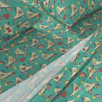 Retro Roller Rink- Green // rollerskating shooting star hearts lightning rainbows whimsical vintage fabric