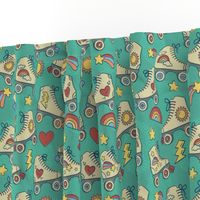 Retro Roller Rink- Green // rollerskating shooting star hearts lightning rainbows whimsical vintage fabric