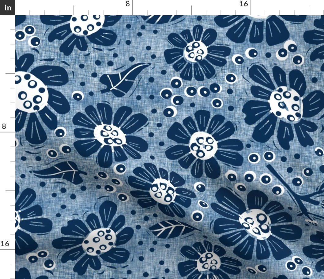 Woodcut flowers indigo