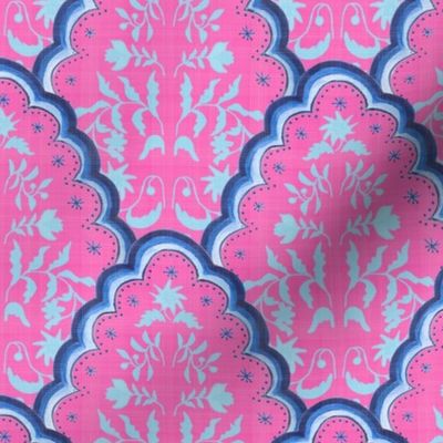 Medium Pink and Blues Scallop Paisley