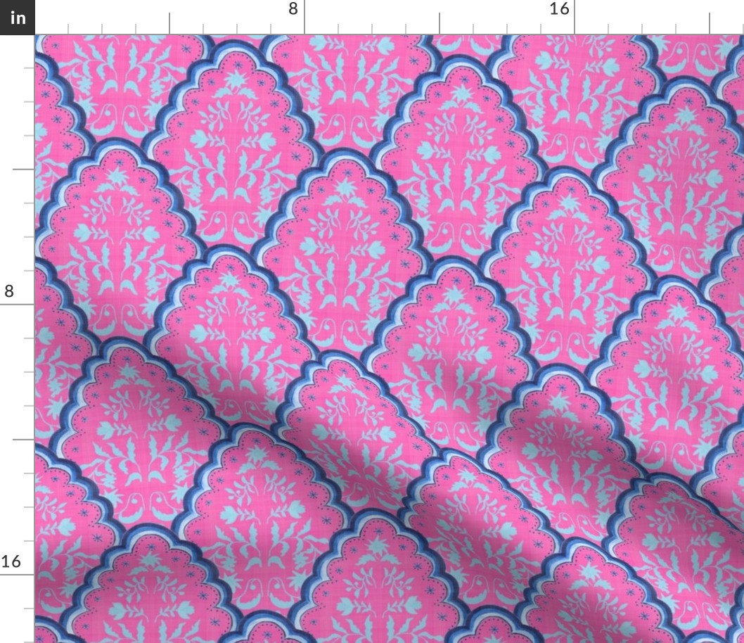 Medium Pink and Blues Scallop Paisley