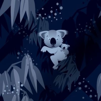 Koalas in a dark blue forest