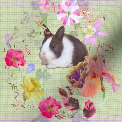 8x8-Inch Repeat of Spring Wreath on Pear-Green with Baby Rabbit and Lilac Stripes