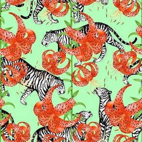 Tigers and Tiger Lilies (Green Background)