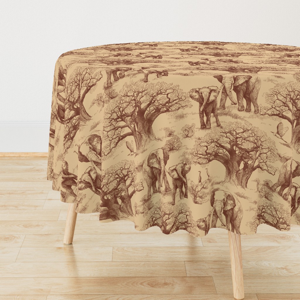 Elephants and Baobab Toile - Sienna