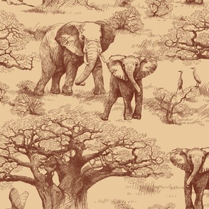 Elephants and Baobab Toile - Sienna