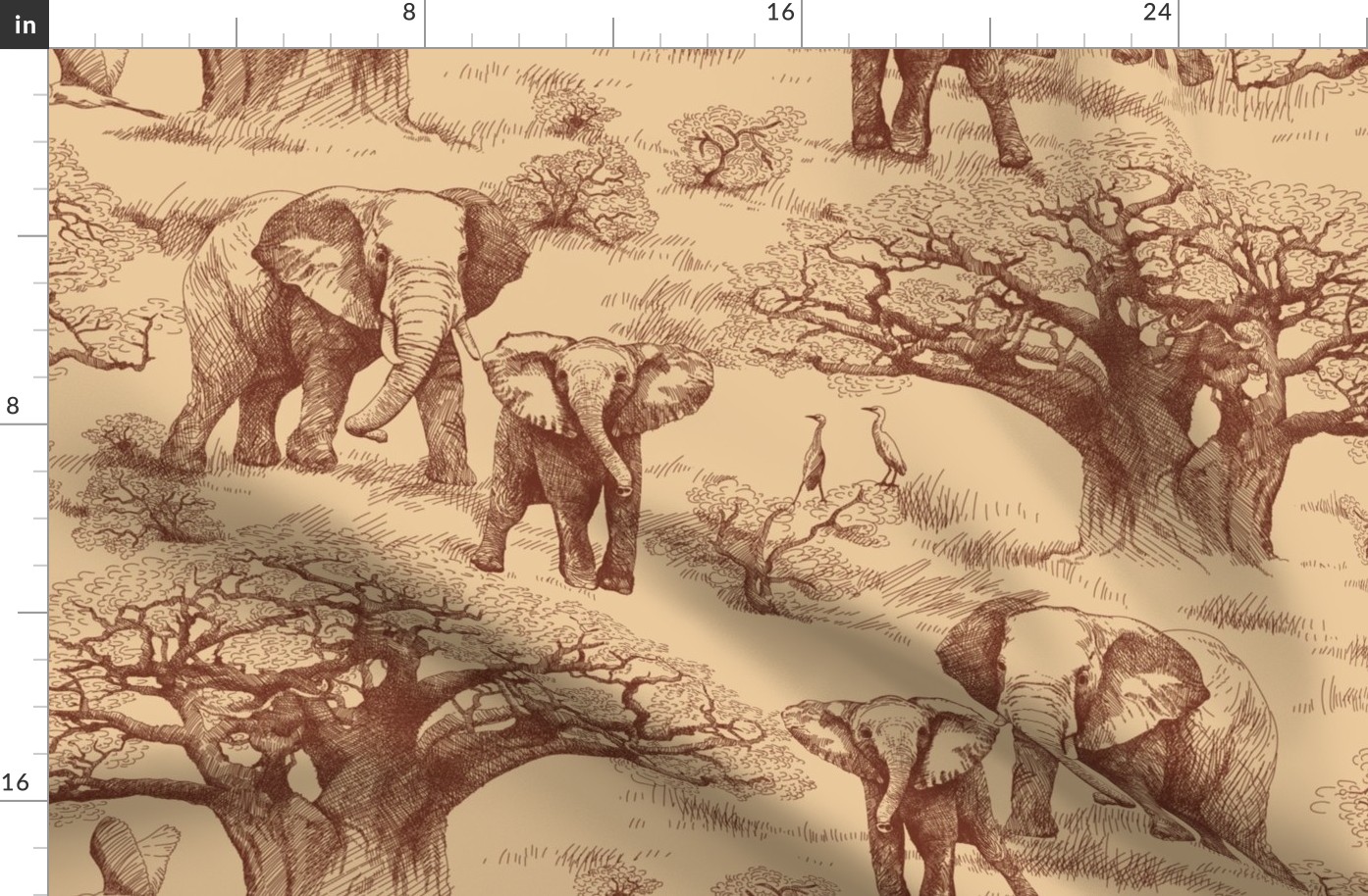 Elephants and Baobab Toile - Sienna