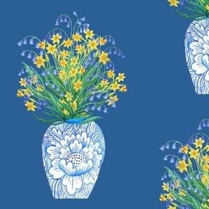 Daffodil watercolour Vintage vase, chinese jar with daffodils and blue bells on classic blue