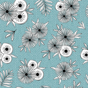 Floral in Black and White On Aqua