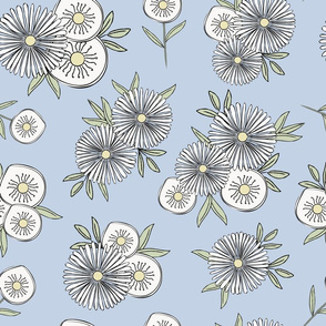 Floral in White Yellow and Green on Pastel Blue