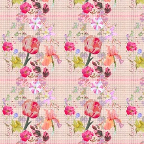 8x8-inch Repeat of Spring Wreath Chintz on Light Blush with Stripes
